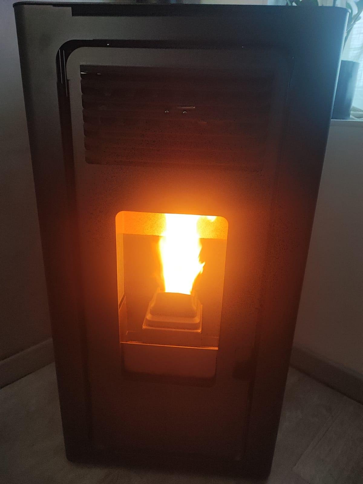 Poêle à granulés en fonctionnement, flamme visible