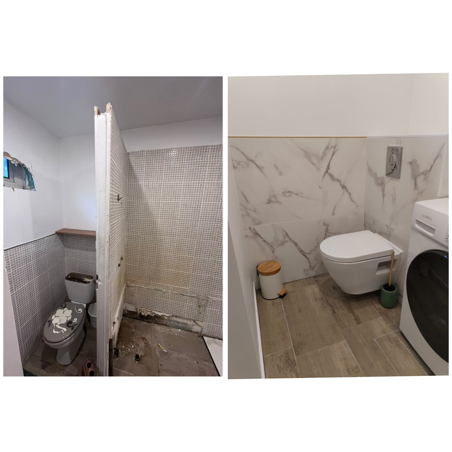 Rénovation de WC avant/après, carrelage effet marbre