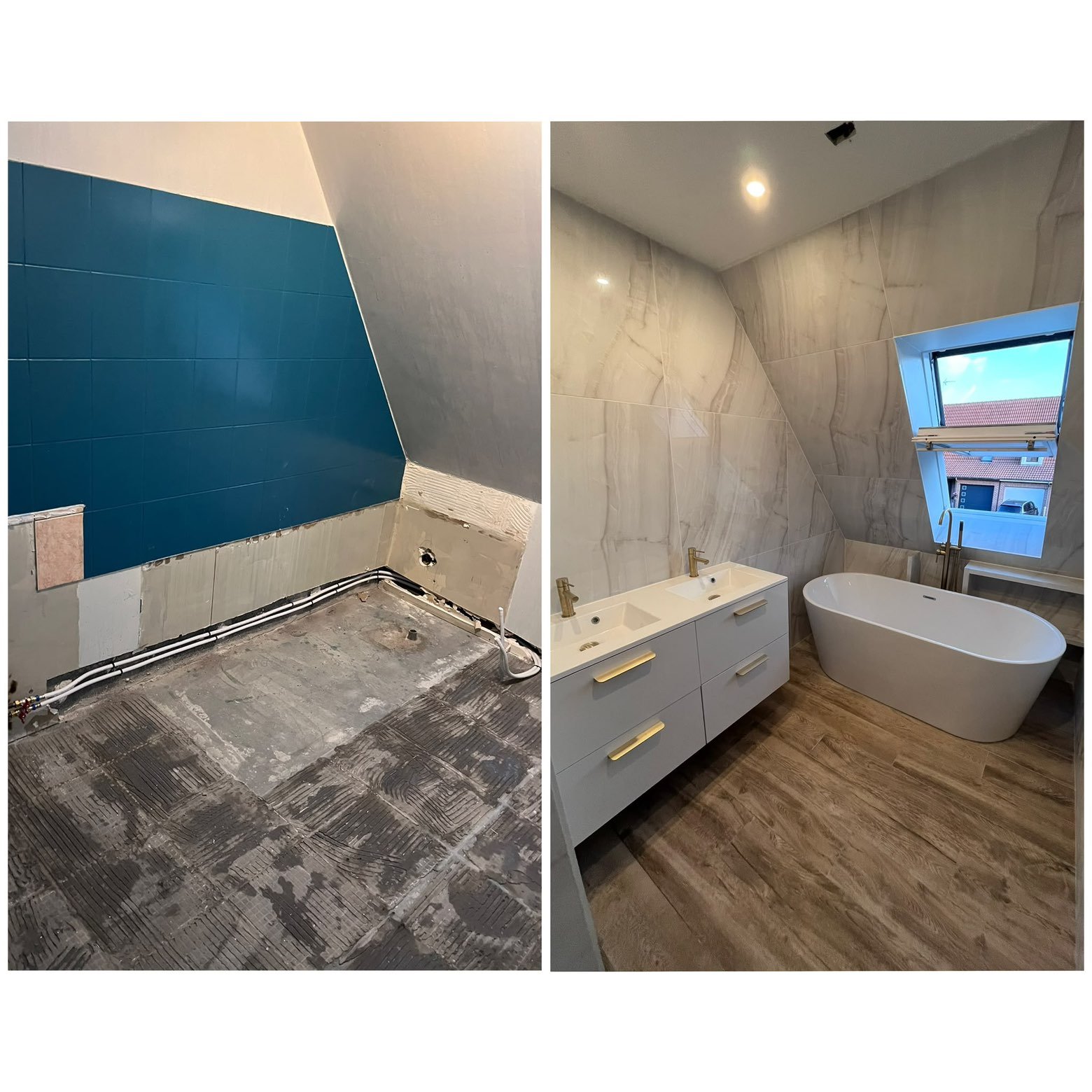 Rénovation d'une salle de bain sous comble avant/après, baignoire îlot